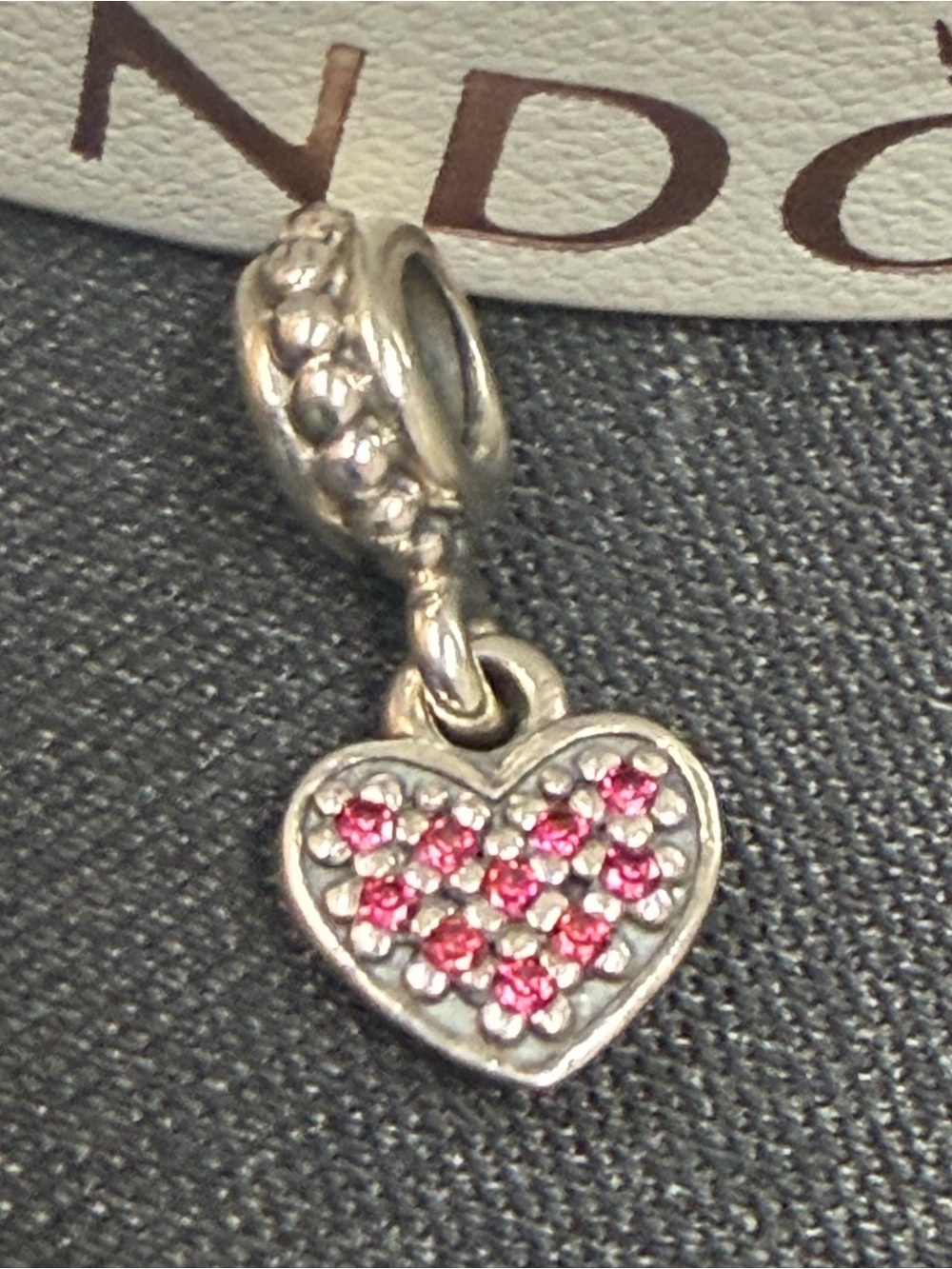 Authentic Pandora Silver Heart Dangle Charm with Pink Stones